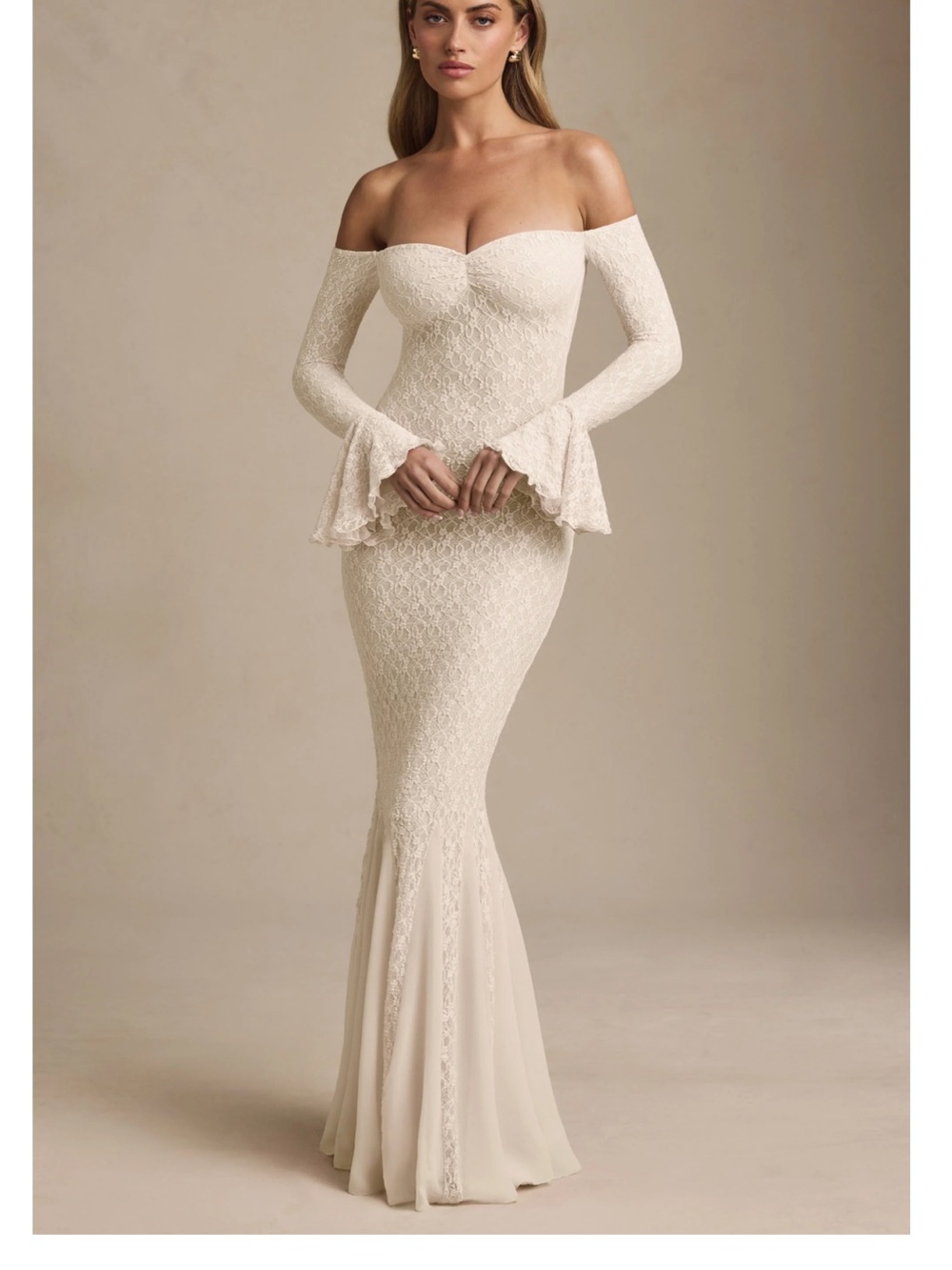 Oh Polly Cream Off-Shoulder Lace Mermaid Gown